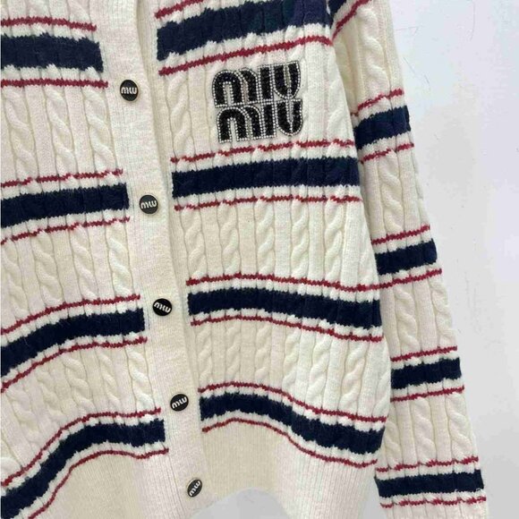 Miu Miu Women's Cream and Black Striped Cardigan - Picture 4 of 5